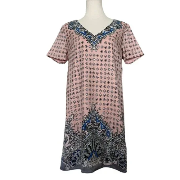 Ann Taylor | Dresses | Ann Taylor Pink Boho Print Short Sleeve Lined Shift  Dress Size Small | Poshmark